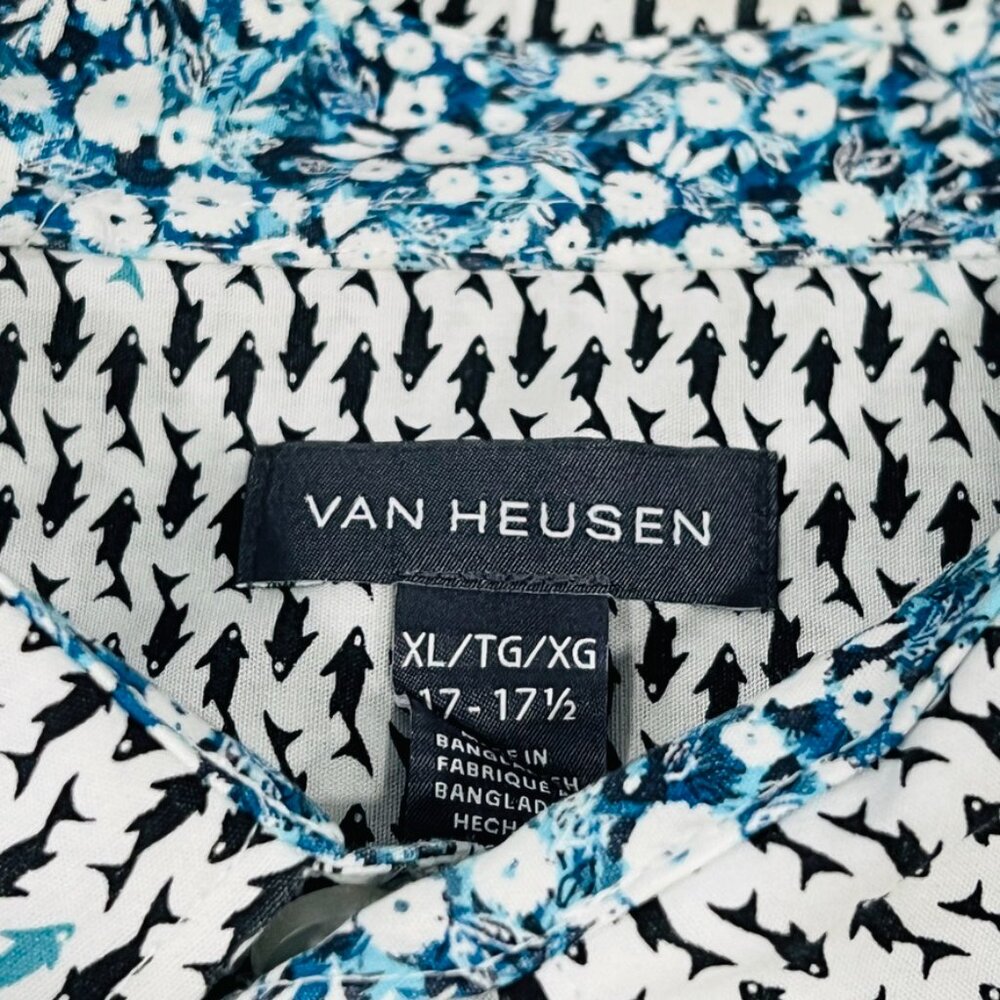 Van Heusen Short Sleeve Button Up Shirt XL 17-17.5 Shark Fish Print - White Blue - Picture 5 of 6